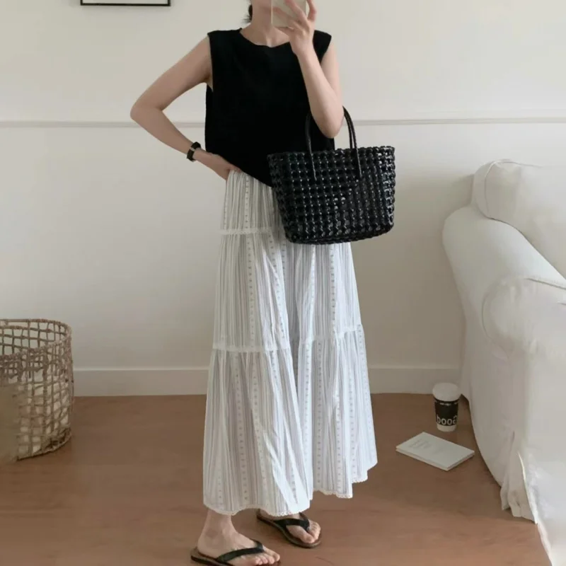 Korean Style Striped A-Line Vintage Tie Layered Cake Skirt Spring Autumn Women Floral Long Spliced Umbrella Skirt Artistic Long