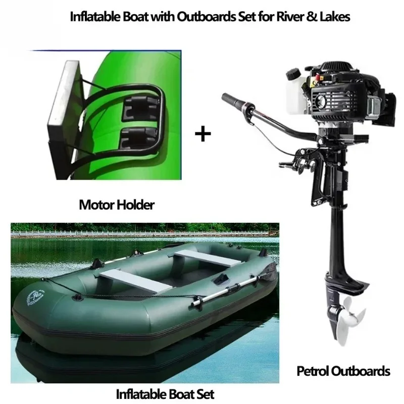 Neues grünes Schlauchboot mit Motorset für Fluss- und Seenwassersport, 0,7 mm dickes PVC, 2+1 Luftkammer, sicheres Angelboot