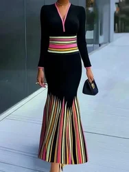Freeacy 2024 Ladies Bodycon Dress V-neck Long Sleeves Colorful Striped Evening Dresses for Women High Waist Pleated Dress