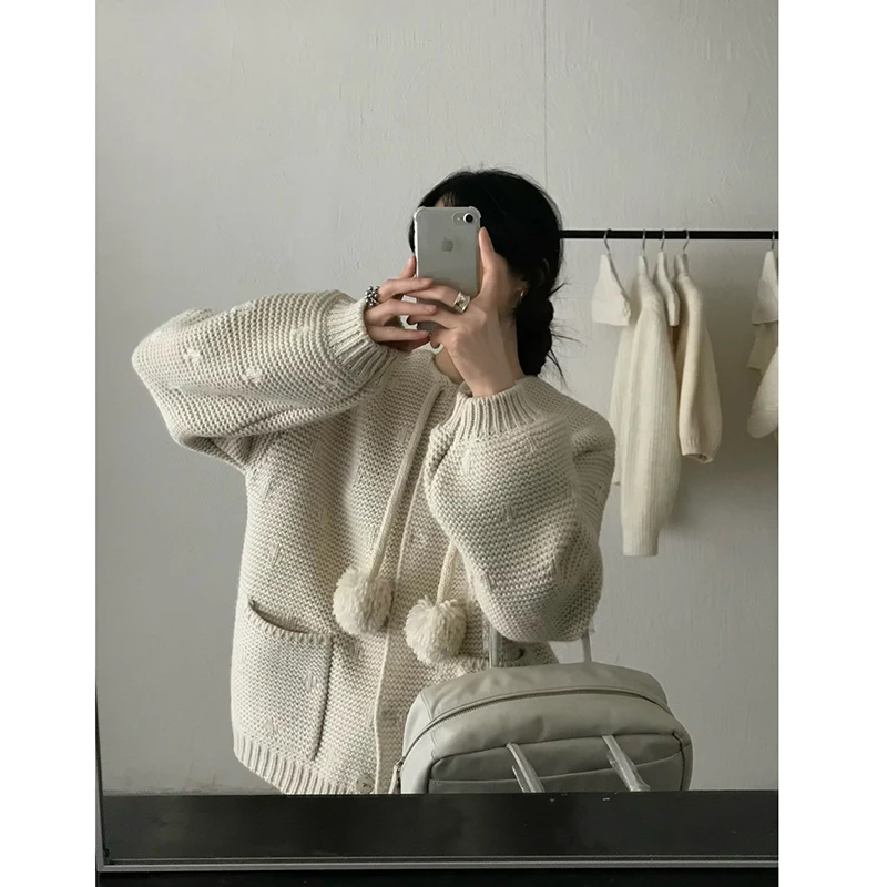 Nowość 2025 Koreański Styl Jesień Zima Damski Rozpinany Sweter Casualowy Luźny Kardigan z Okrągłym Dekoltem Długi Rękaw Dzianinowy Sweter Y18