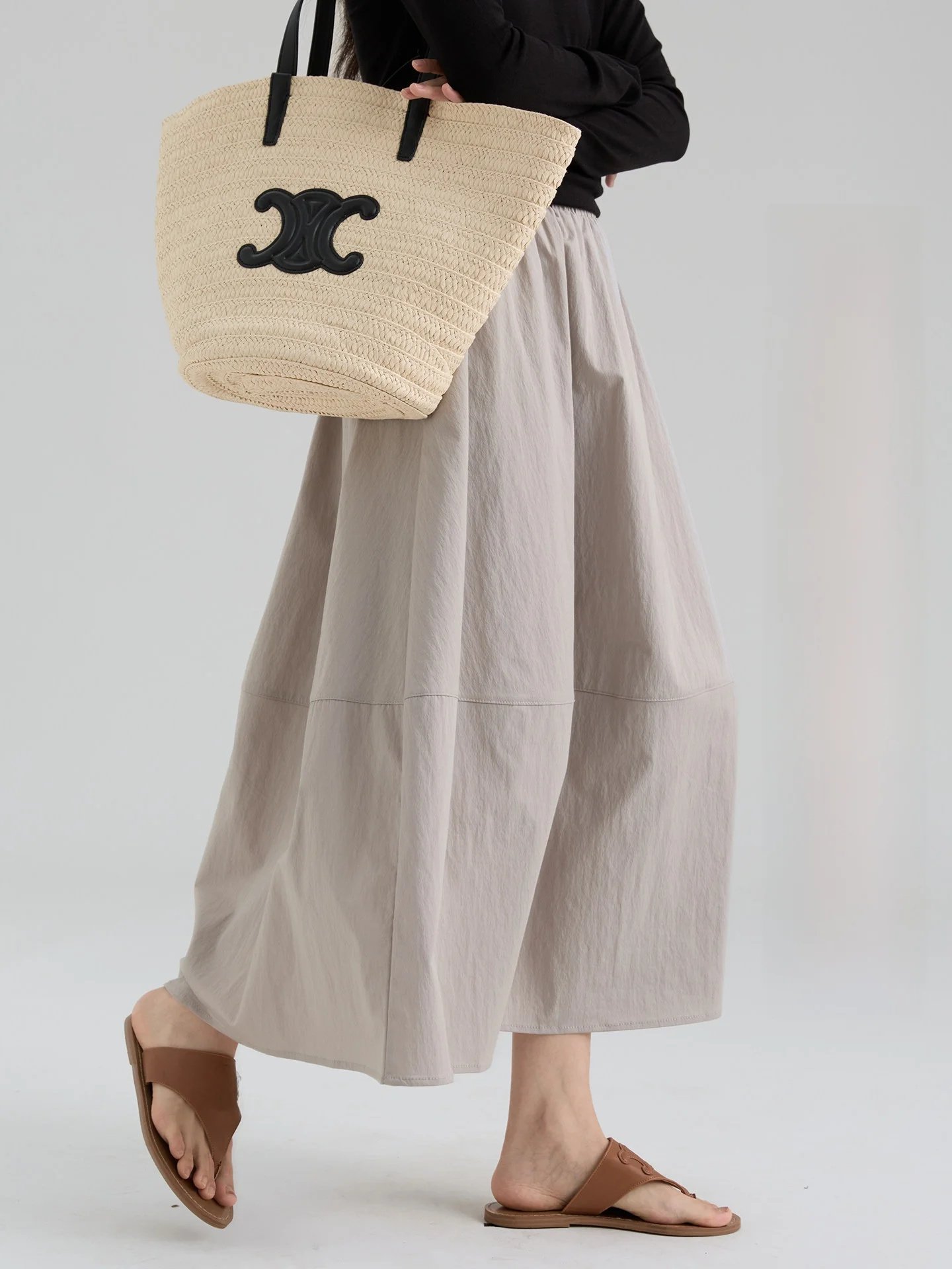 

Summer New Drawwind2026 Women's Loose A-Line Midi Skirt Elastic Waist Patchwork Pure Color Casual Cotton Blend Skirts