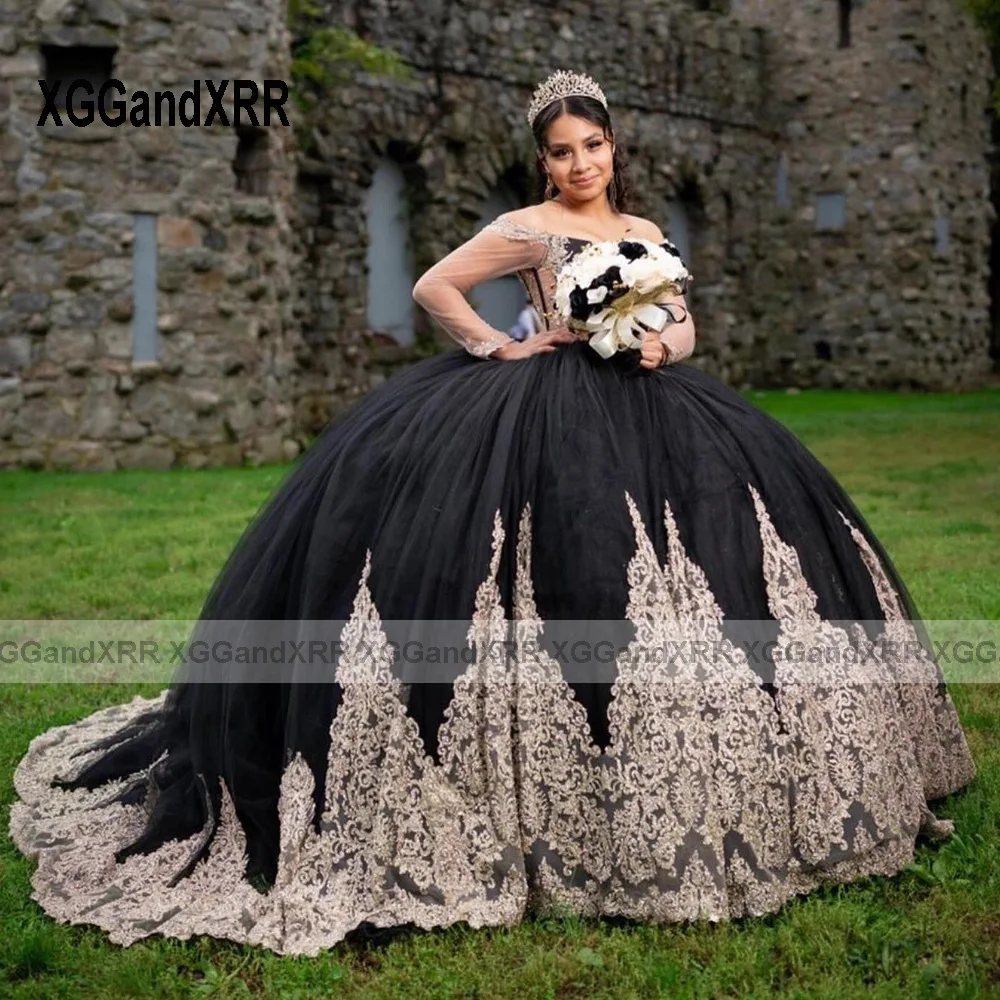 Luxury Black Ball Gown Quinceanera Dress 2024 Applique Long Sleeves Sweet 15 16 Yearls Birthday Party Vestidos De XV Años Miss