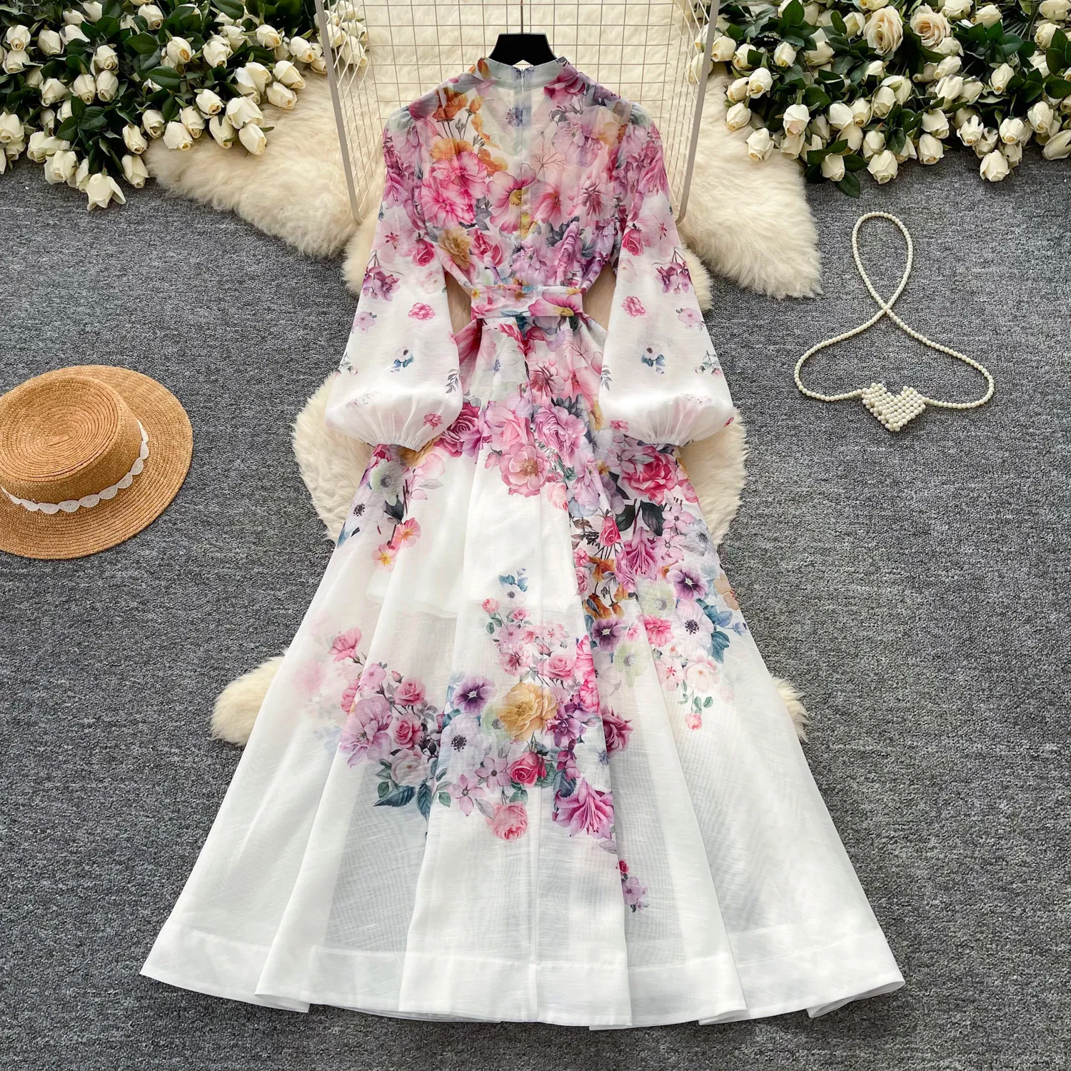 ALPHALMODA Floral Printed, puff-sleeved, stand-collar, tie-waist, Women graceful maxi dress, slip included 2pcs dress