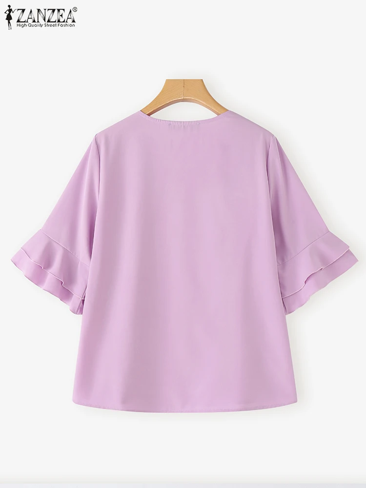 Fashion Women Tunic Tops 2025 ZANZEA Autumn Solid Color Blouse Elegant V-Neck Casual Shirts 3/4 Flare Sleeve Loose Korean Blusas