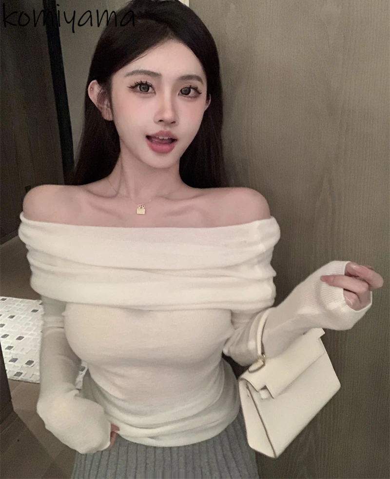 Slash Neck Clavicle Exposed Ropa Mujer 2025 Woman Sweater Off Shoulder Outerwears Long Sleeve Clothes Women Knitted Roupas