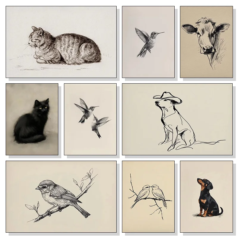 Swallow Bird Black Sheep Hummingbird Cow Sketch Black Cat Poster Canvas Painting Print Wall Art Picture For Farmhouse Room De