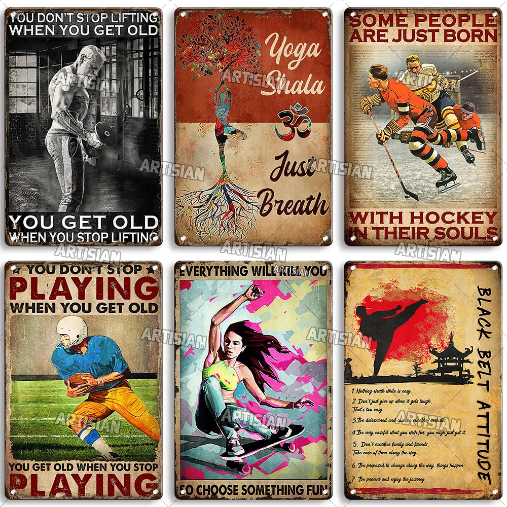 Artisian Hockey Metal Sign Football Archery Billiards Volleyball Running Fitness Polo Tin Poster Sport Decorative Plaque Wall