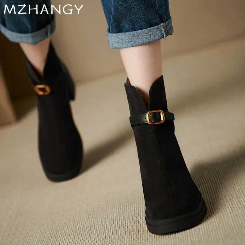 High Heels Women Snow Ankle Boots Suede Designer Shoes Chunky Winter Chelsea Boots 2024 Trend Fashion New Goth Botas De Mujer