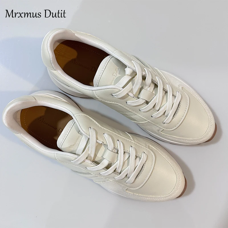 Mrxmus Dutit Women 2024 New Spring Fashion Leather Lacing Round Head Shoes Flat Thick Soled Shoes Solid Casual Versatile Sneaker