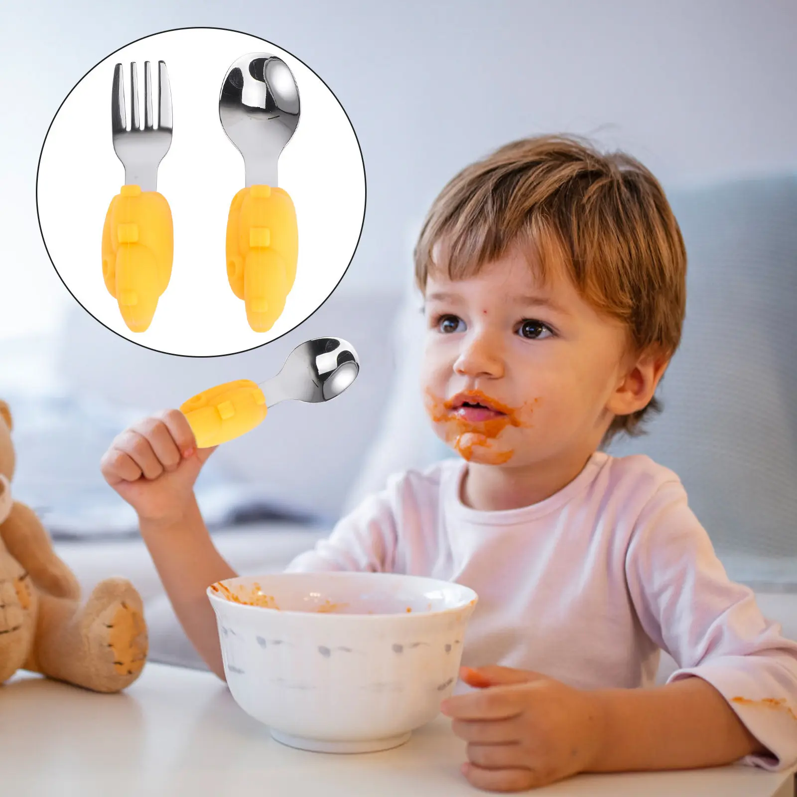

1 Set Silicone Baby Spoon Fork Cartoon Non Slip Handle Stainless Steel Baby Tableware Toddler Feeding Training