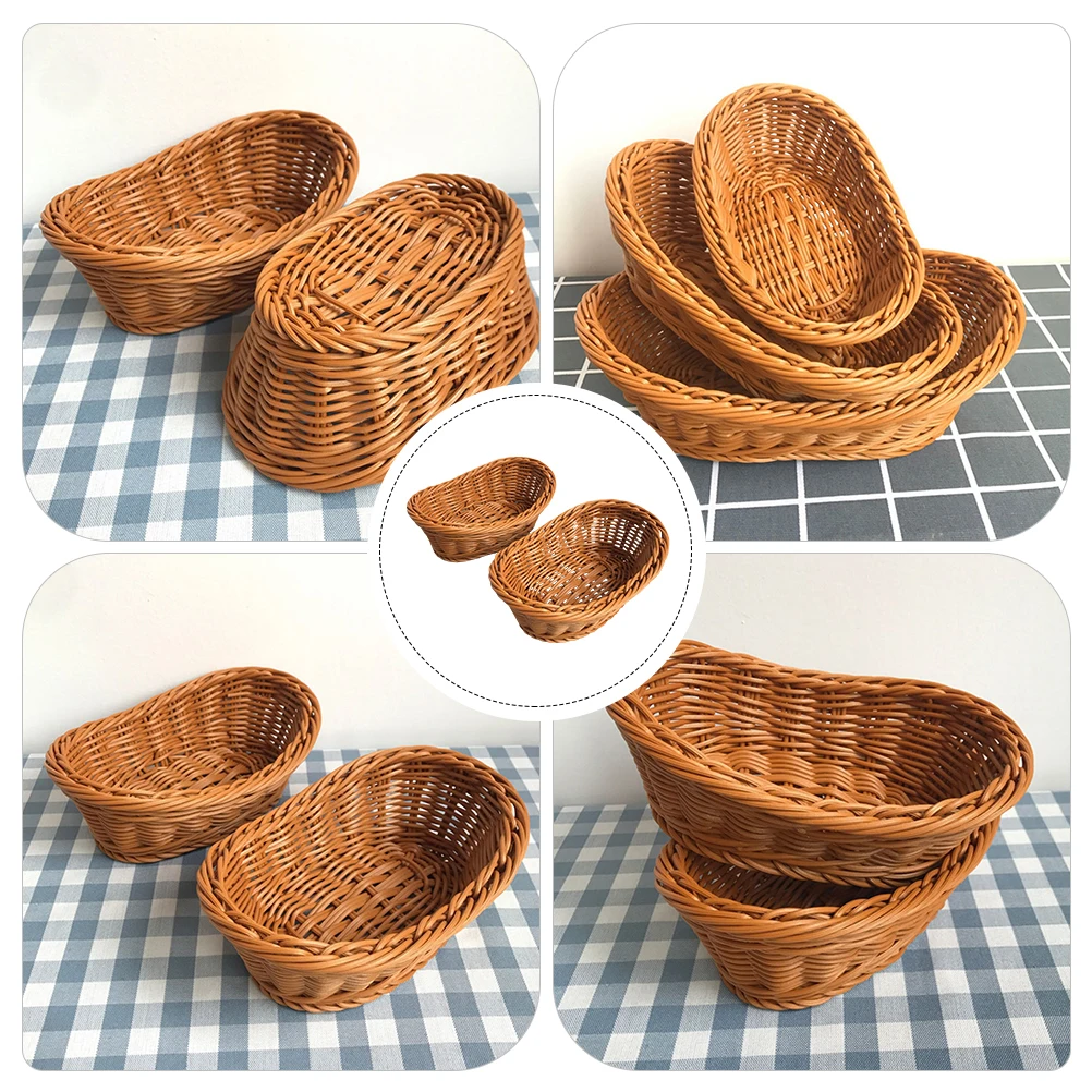 

2 Pcs Storage Baskets Imitation Rattan Woven Kitchen Container Fruit Basket Snack Tray Easy Clean Reusable Home Office Plastic