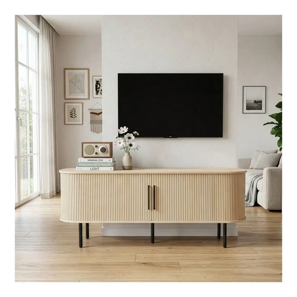 Color Embossed Particle Board TV Stand, Oval Tabletop 1473558cm, Modern Entertainment Center With Sliding Grid Doors, Media Con