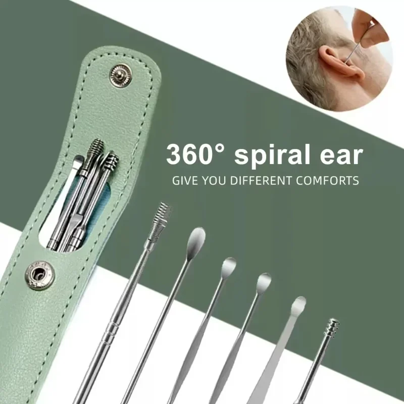 6pcs Ear Wax Removal Tool Set Stainless Steel Spiral Rotating EarPicking Spoon Ear Picker Spoon For Cleaning Collecting Ear Wax