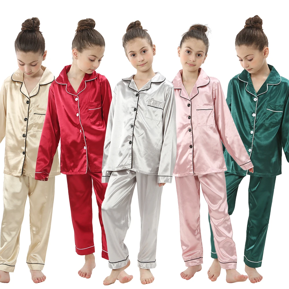 Girls Pajamas Sets Children's Satin Silky Pyjamas Kids 2 4 6 8 10 12 14 Years Pijamas Boy Girls Homewear Clothes Suits Baby Pjs