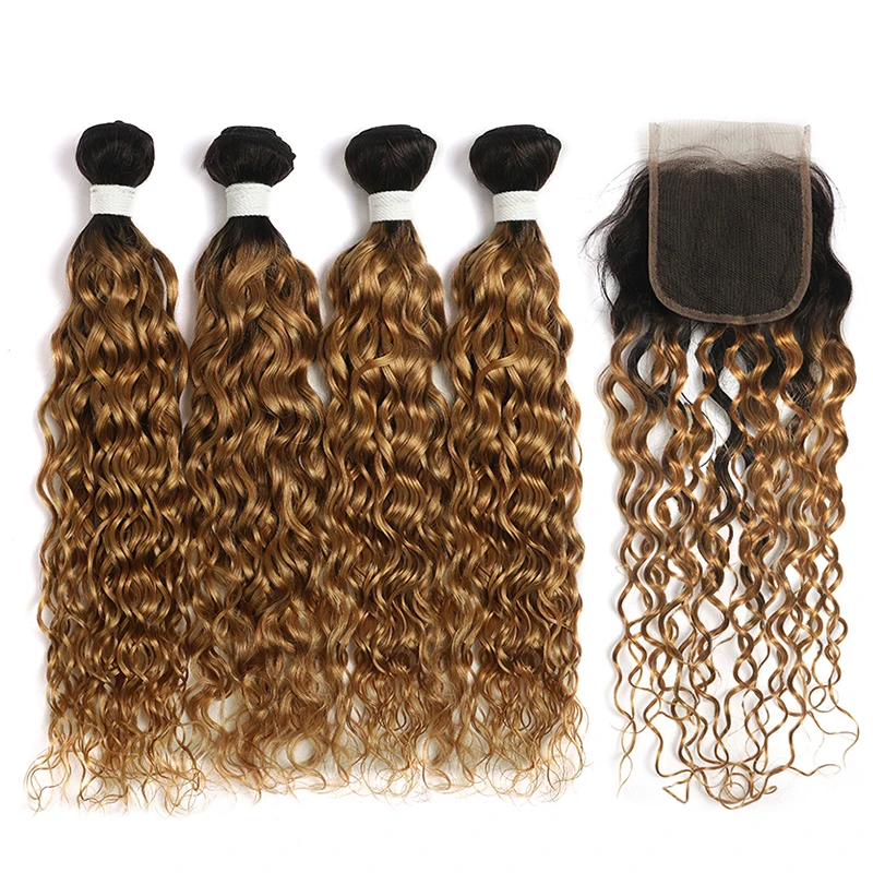 Ombre Blonde Brown Water Wave Bundles With Closure SOKU 3/4PCS Human Hair Weave Bundles With Closure Remy Brazilian Hair Bundles