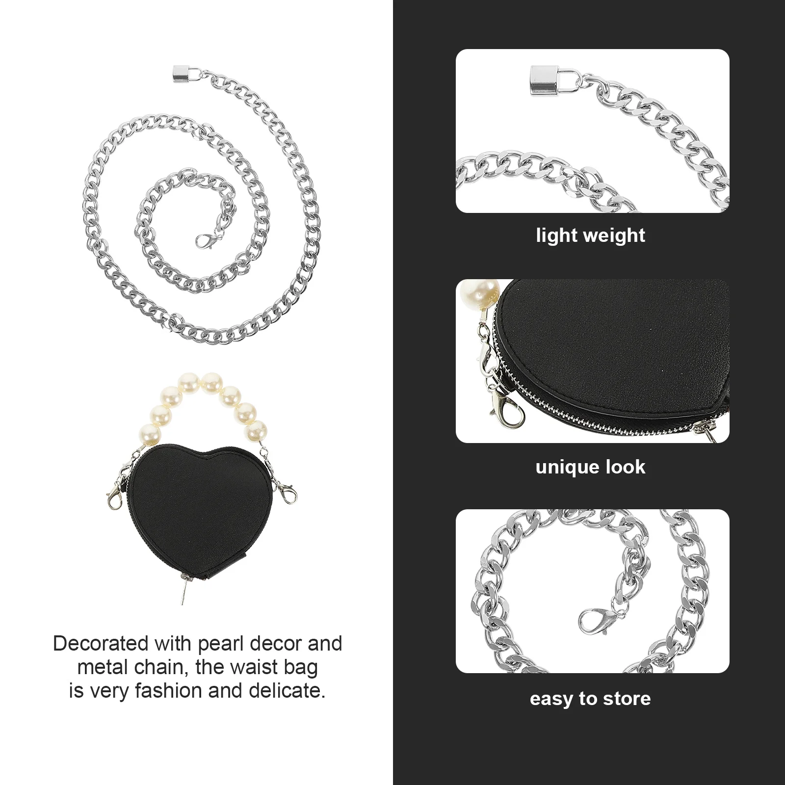 

Bag for Women Punk Style Pearl Decor Metal Chain Adjustable Belt Bag Fashionable Casual Storage Pouch for Girls