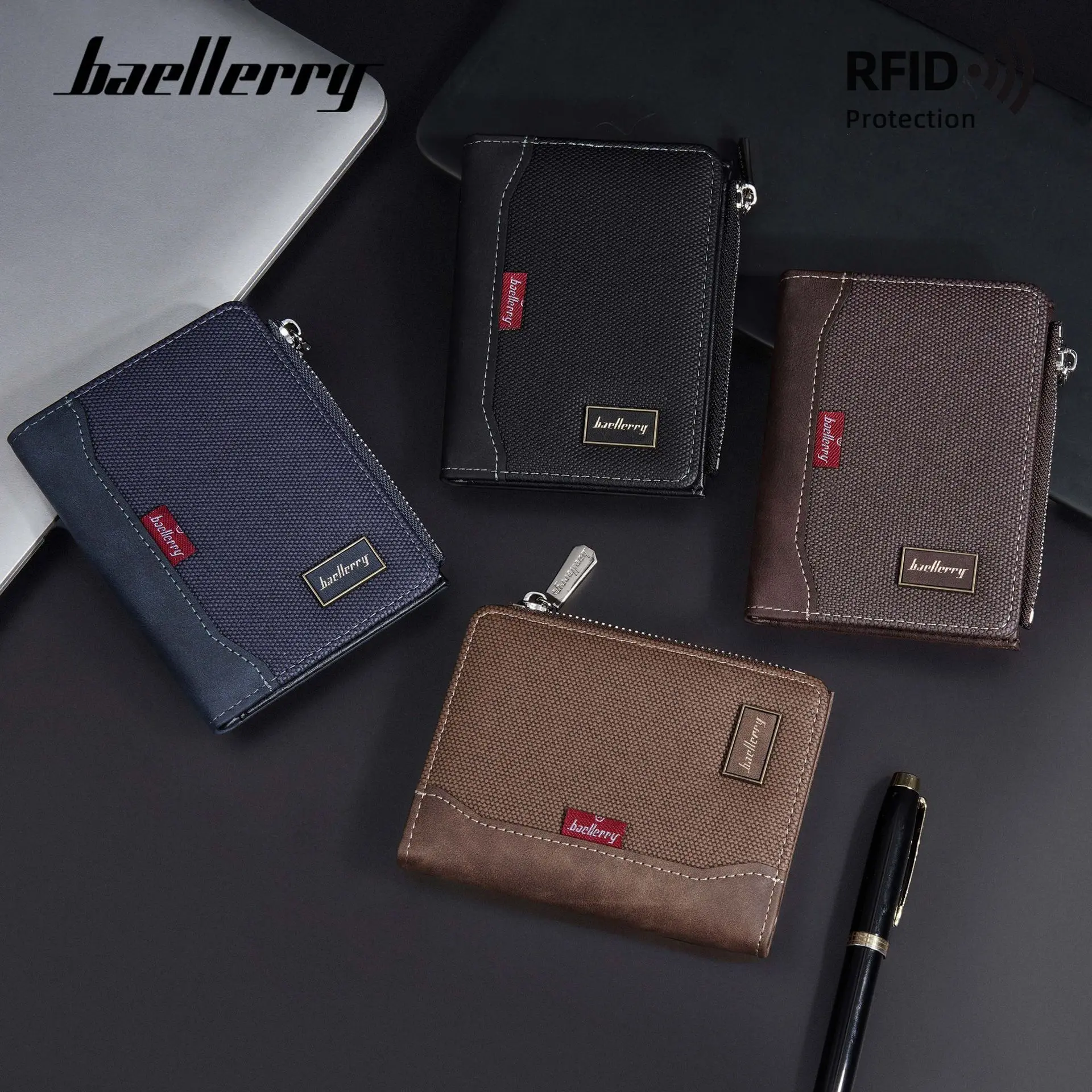 Baellerry Luxury Brand RFID Simple Men's Zipper Wallets Card Holder Male Wallet Photo Holder Coin Pocket Purses for Men