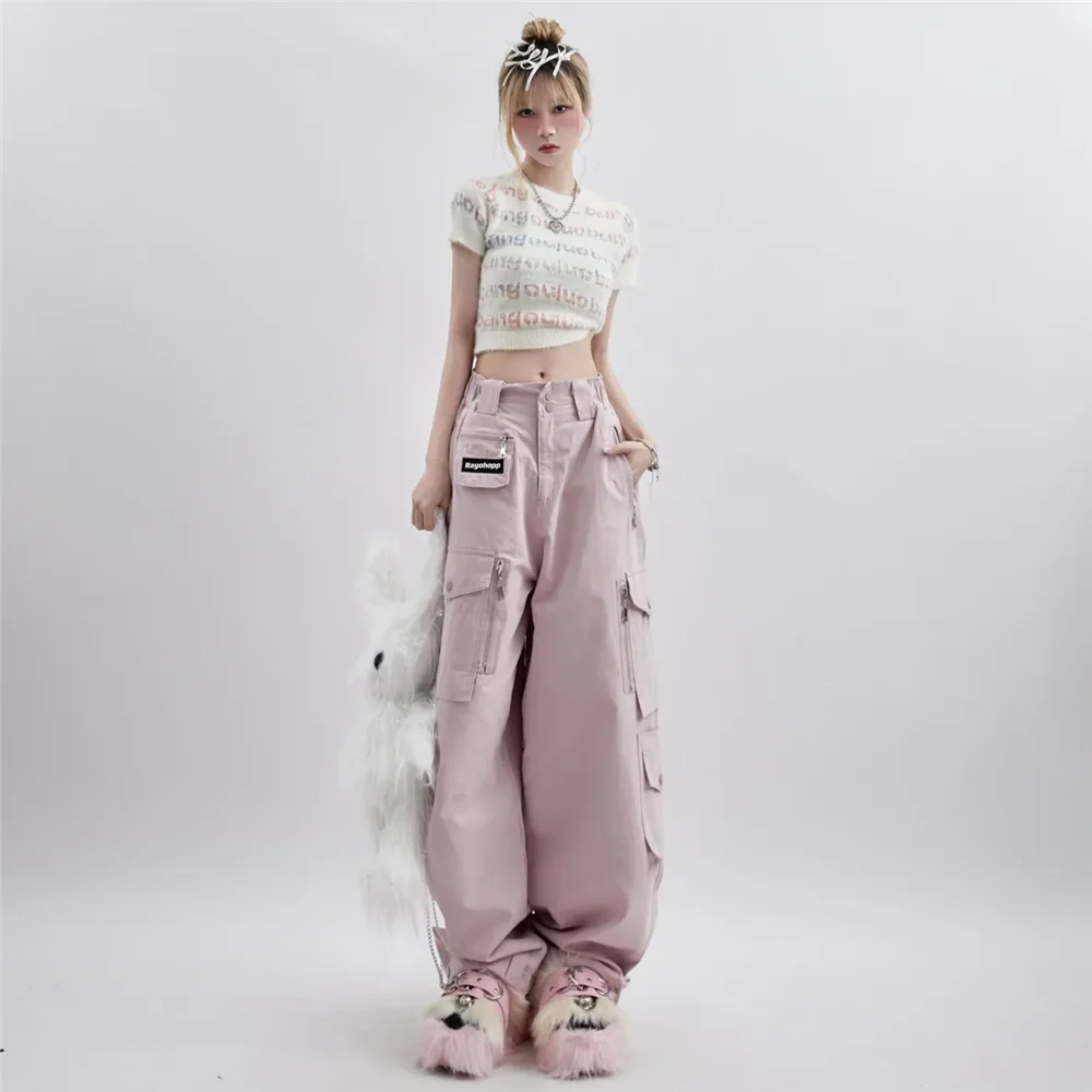 Oversize Y2k Aesthetic Loose Parachute Pants Women\'s Pink Cargo Pants Vintage Harajuku High Waist Baggy Trousers 2000s Clothes