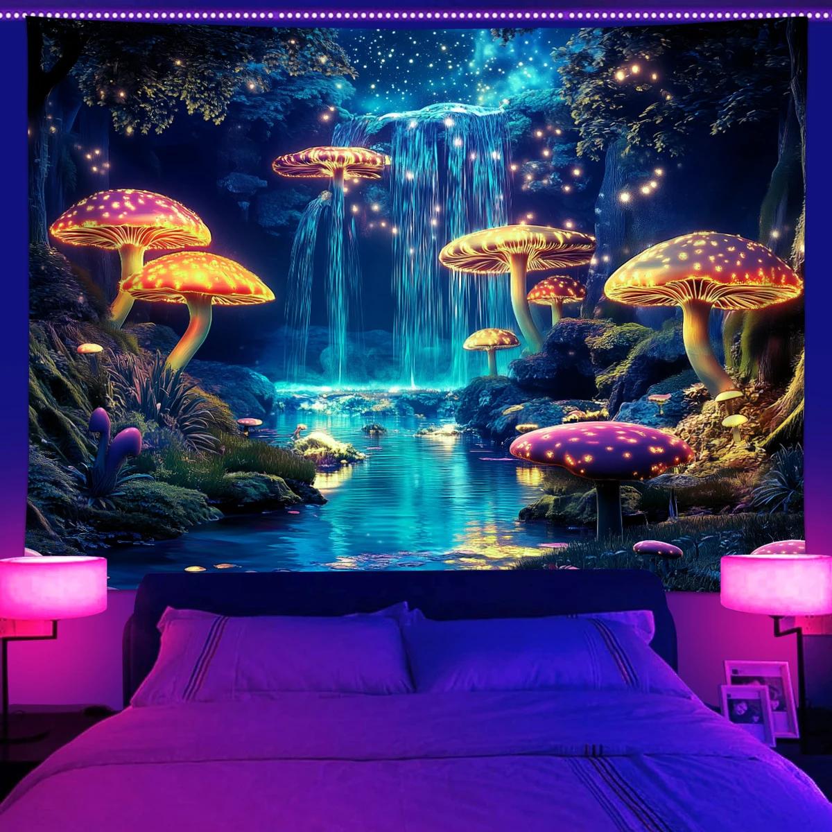 VIKAMA Fantasy Forest Wasserfall Wandteppich Pilz Sterne Schlafzimmer Thema Wanddekoration Fantasy Wandteppich Spielzimmer Wandteppich