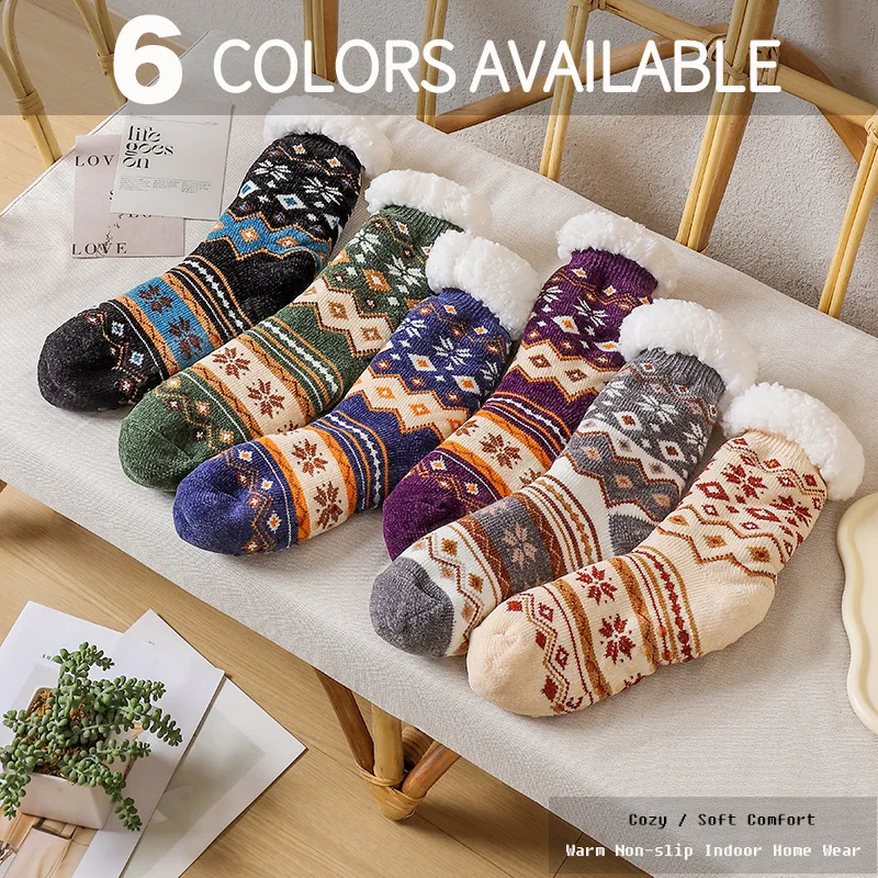 Purcoral 2026 Retro Ethnic Snowflake Knitted Home Socks Women Thick Fleece Lined Non-slip Thermal Winter Warm Floor Socks
