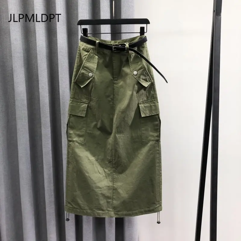 

Army green high-waisted denim skirt women's 2025 spring summer fashion loose casual A-word tooling dress