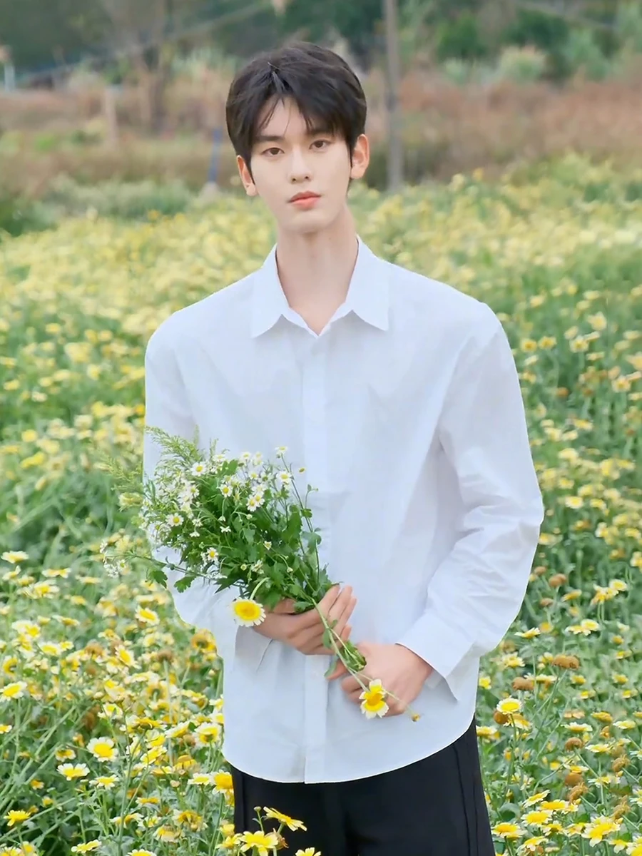 

Cleanfit White Long Sve Men's irt Sun-Kissed Sle Spring Autumn High-End Feeling Casual Haome Boy's Clothing