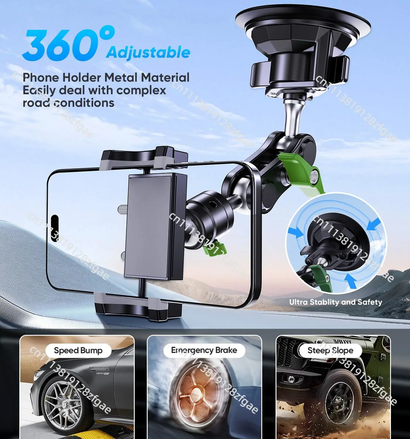 Universal Metal Car Phone Mount, 360° Rotation for Windshield/Dashboard, Suction Cup Holder