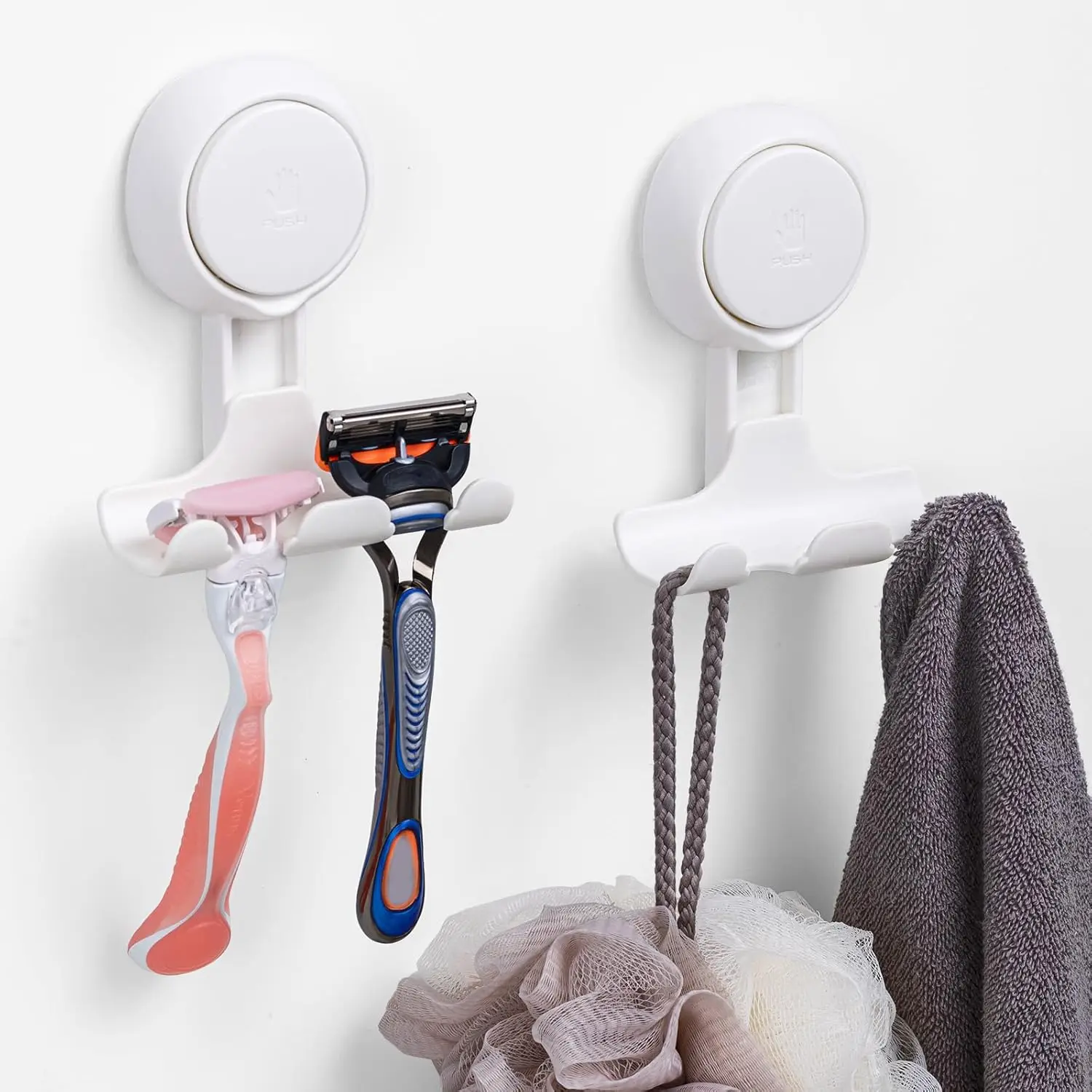 

Shower Razor Holder 2 Pack with Suction Cups for Towel, Loofah, Squeegee, Damage-Free Wall Hooks, Easy to Install and Reuse