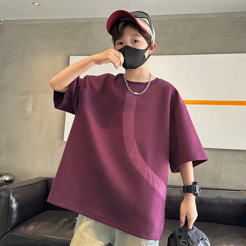 Fashion Loose Fit Kids Boy Short-Sleeved Magenta T-shirt New Summer Children Cotton Patchwork Tshirt Tee Tops Age 5-14 Years Old