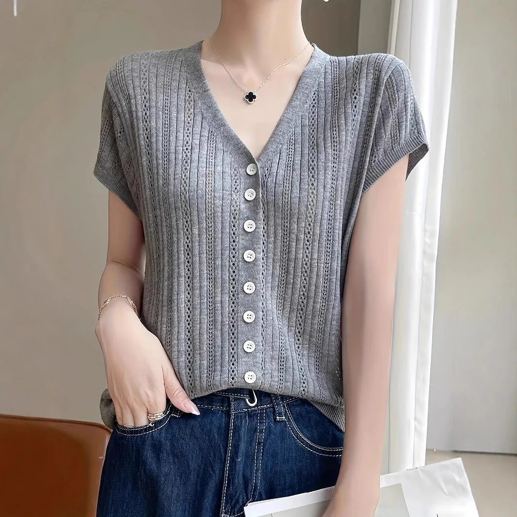 Spring And Summer V-neck Button-up Cardigan Women's Elegant Foreign Style Simple And Thin Knitted Short Sleeves