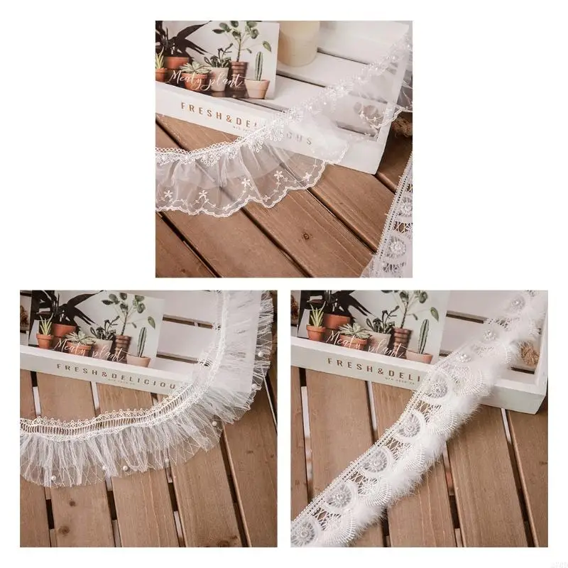 270D 1 Yard Pleated Mesh Lace Ruffle Trim Ribbon Tassel Faux Pearl Beading Applique Wedding Bridal Dress DIY Sewing Craft