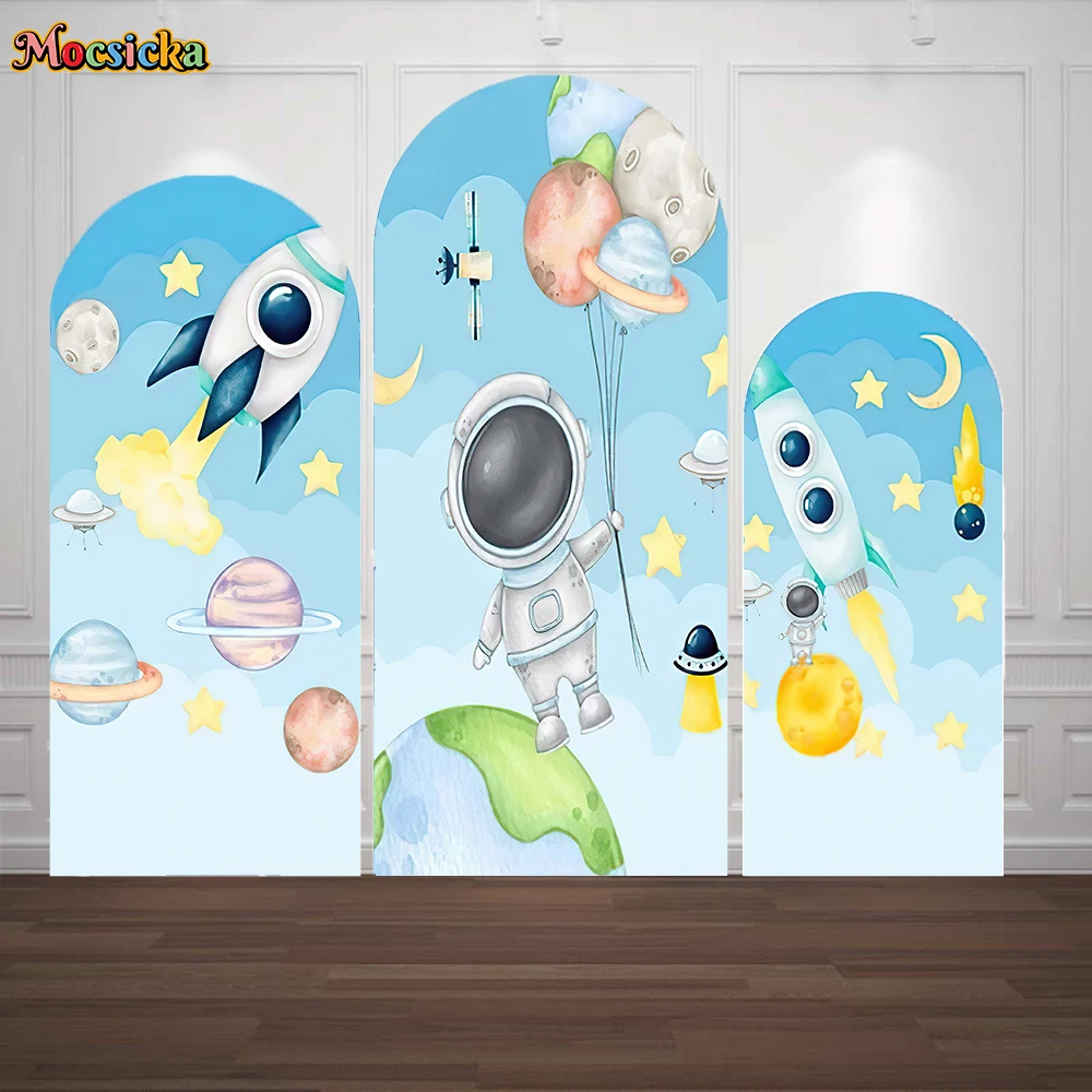 Astronaut Baby Boy Backdrop Custom Arched Panel Light Blue Outer Space Rocket Planet Stars Background Kids Photo Portrait Studio