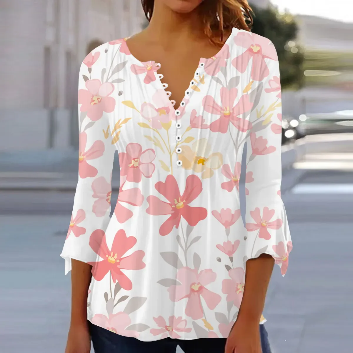 

Streetwear Women's V-neck shirts Casual 3/4 sleeves comfortable tops Statement floral prints Everyday tunics Women Spring Summer