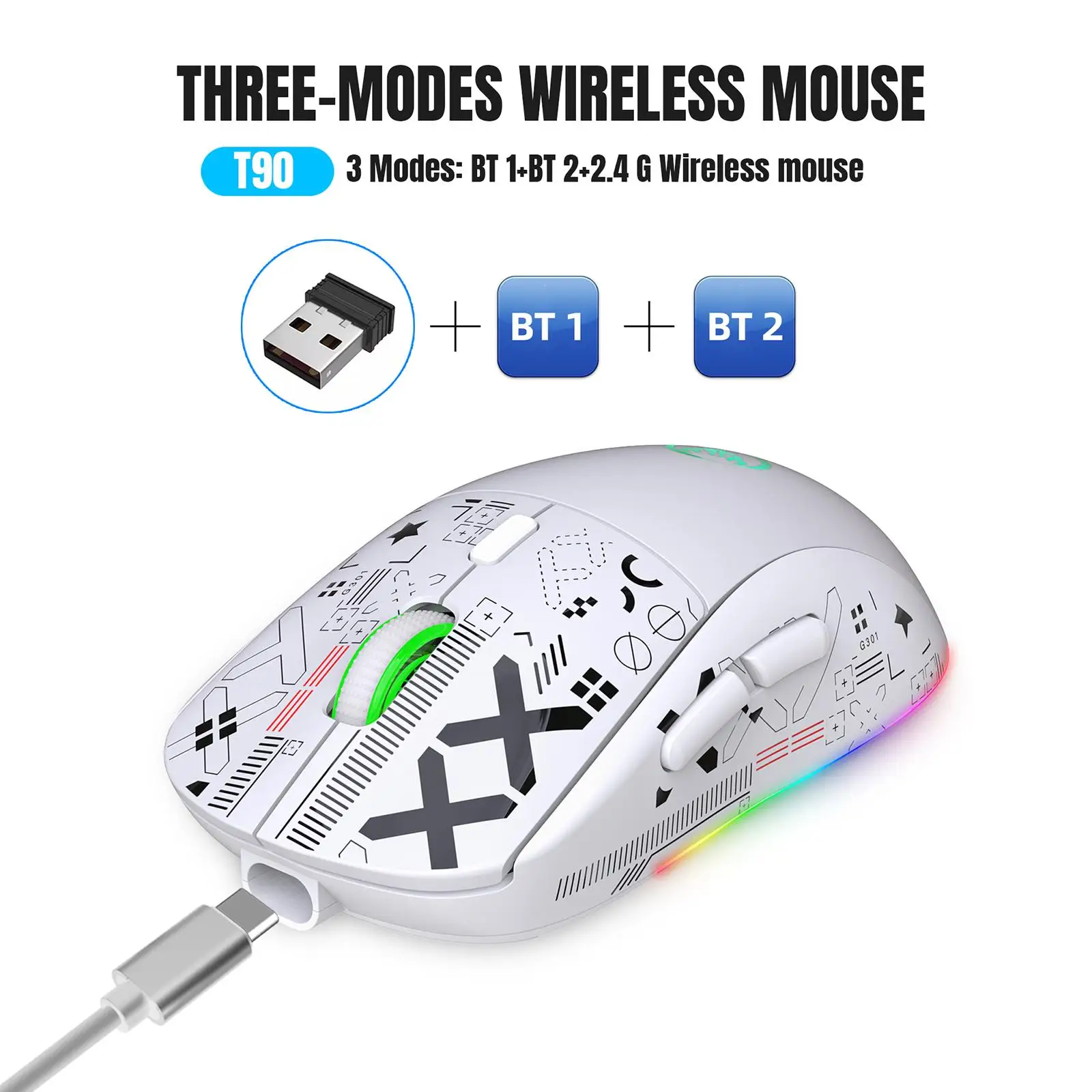 2.4G Wireless Gaming Mouse with Dual BT USB Rechargeable Optical Computer Mouse 6 Keys RGB LED 5 Level DPI for Laptop Desktop