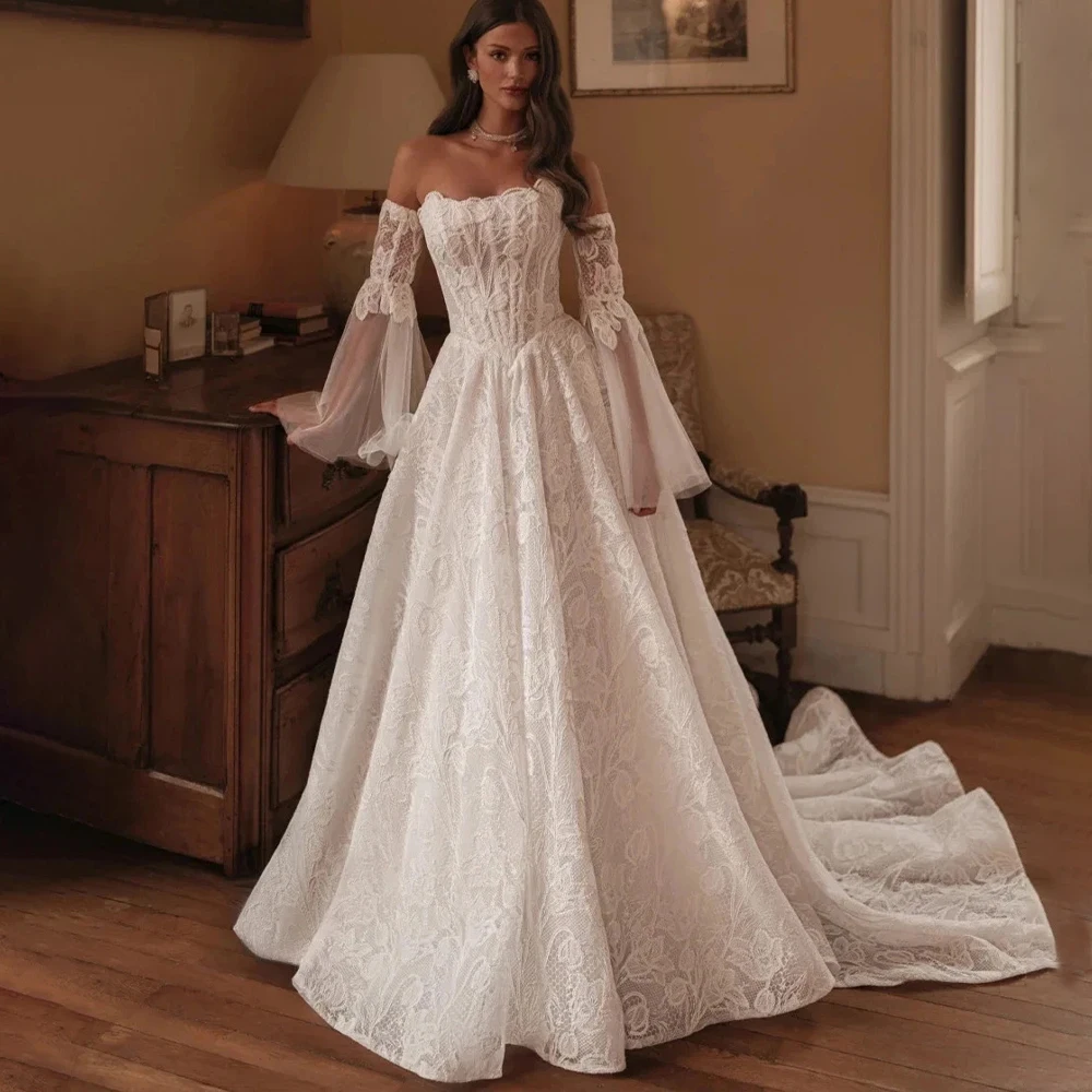 

Lace Wedding Dress Detachable Sleeves A-line Bride Dress Long Train Strapless Elegant Bridal Gown vestido de novia Customized