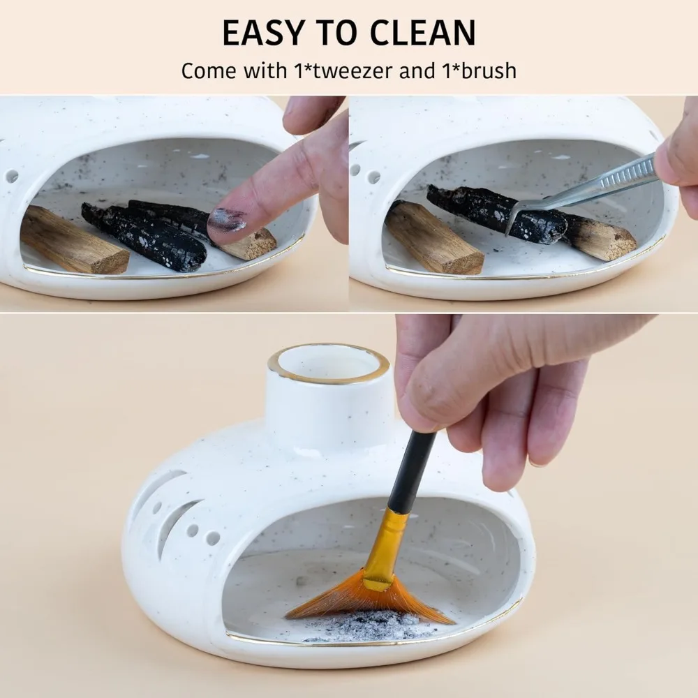 حامل بخور 3 في 1 لعصي بالو سانتو، بخور المريمية، حامل مبخرة من السيراميك مصنوع يدويًا، صائد الرماد مع مدخنة، s