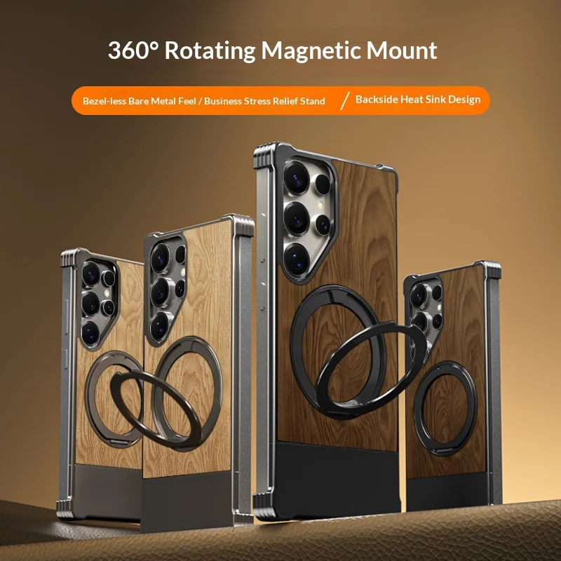 360°rotating bracket Metal+wood grain leather back cover For Samsung Galaxy S26 S25 S24 S23 S22 Ultra shockproof Phone Case