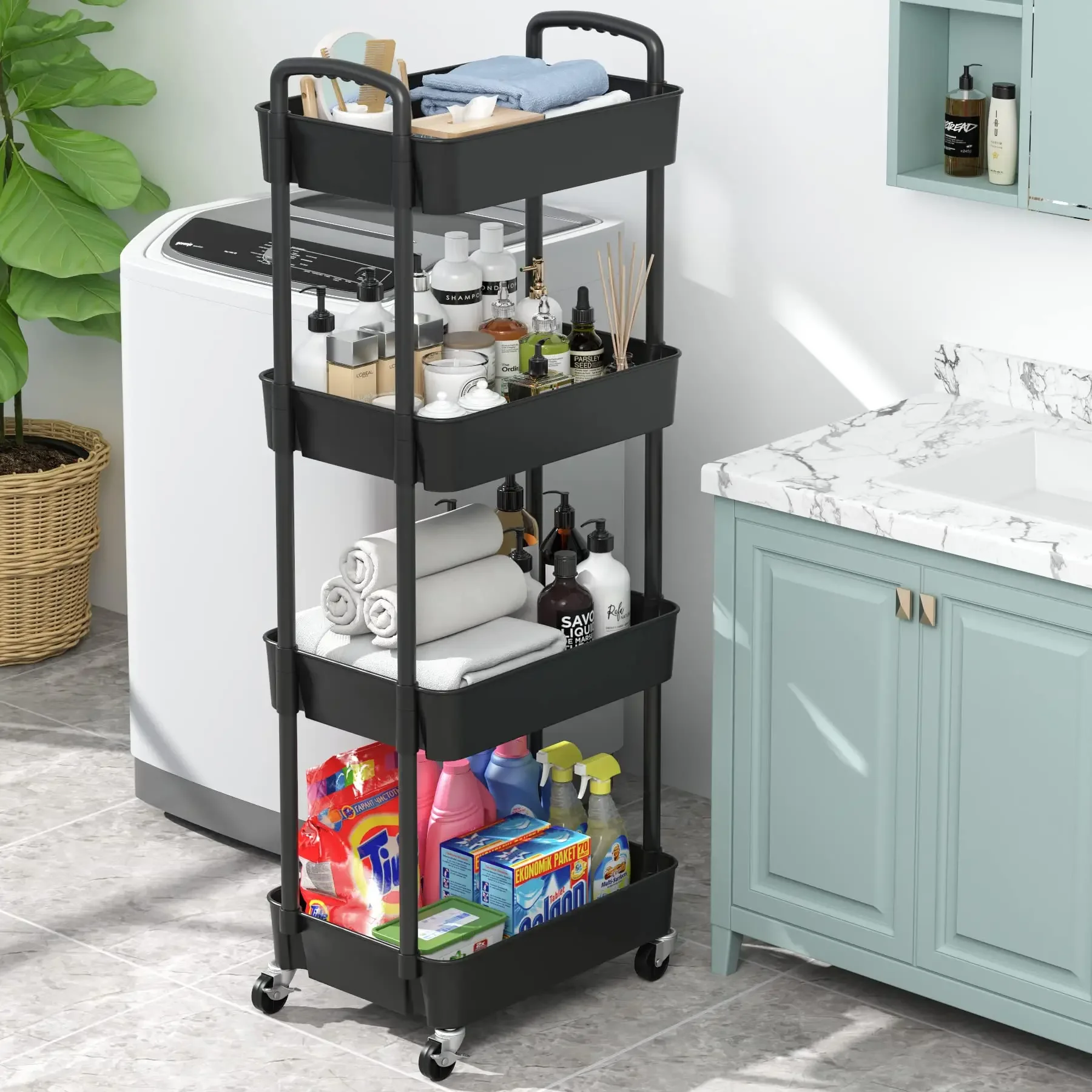 

3/4 Layer Mobile Storage Shelf Movable Kitchen Bathroom Slim Slide Organizers with Wheels Side Seam Finishing Rack Space Saving