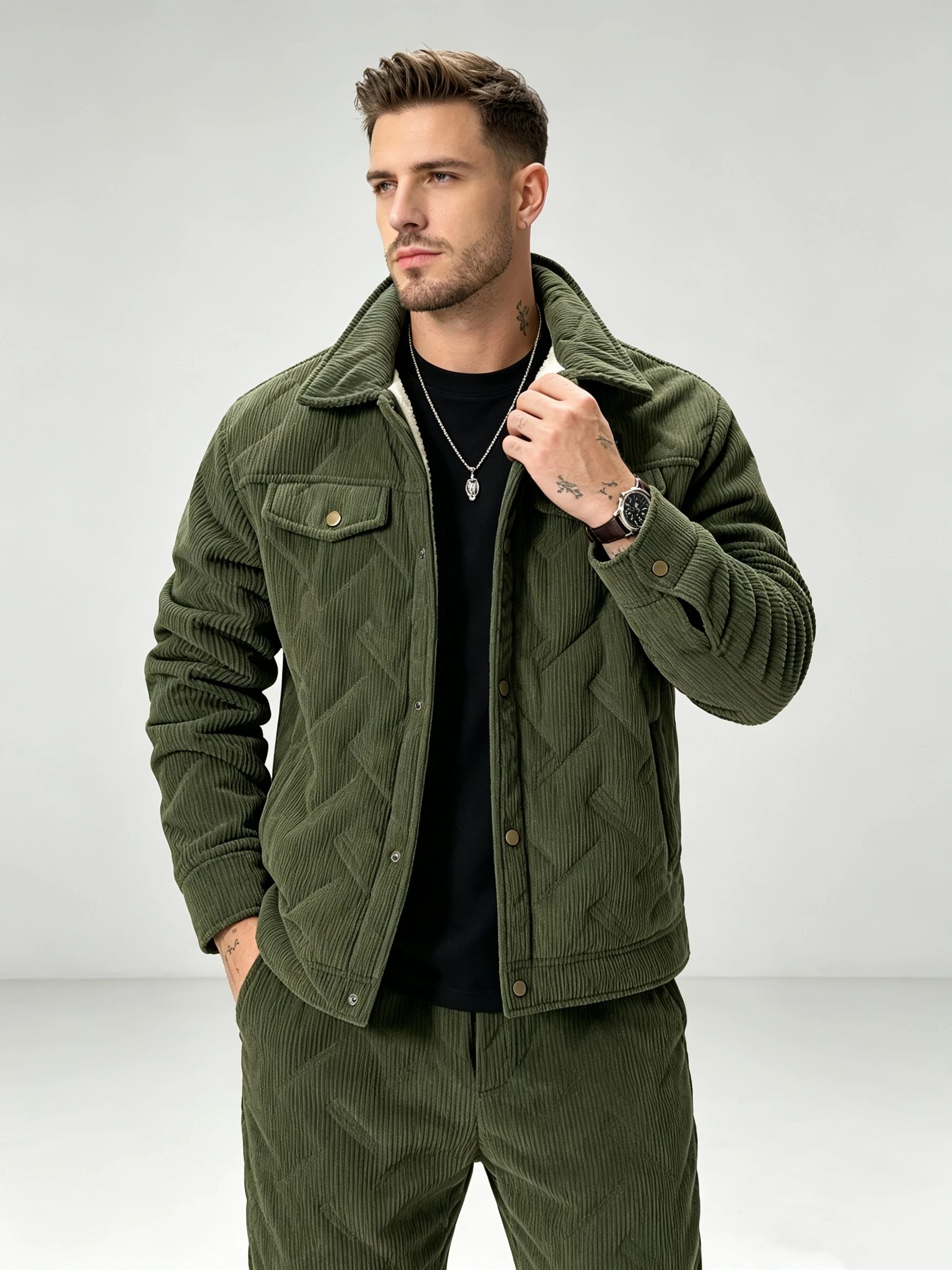 Men's Corduroy Fleece Lined Thermal Jacket, Lapel Button Down Vintage Winter Warm Workwear Coat