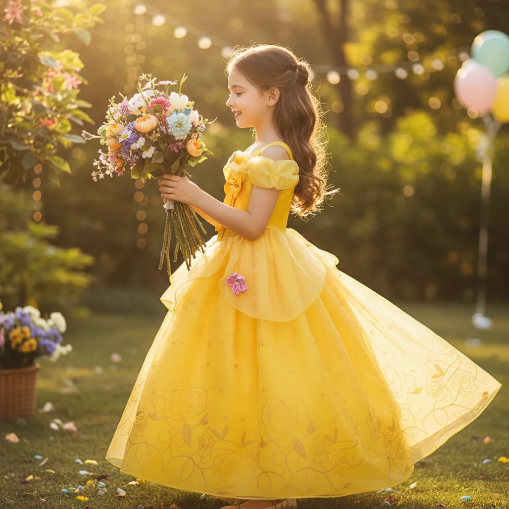 Carnival Pageant Ready Golden Bow-Accent Princess Dress with Flower Appliques Glittering Details Voluminous Tulle Gown for Girls
