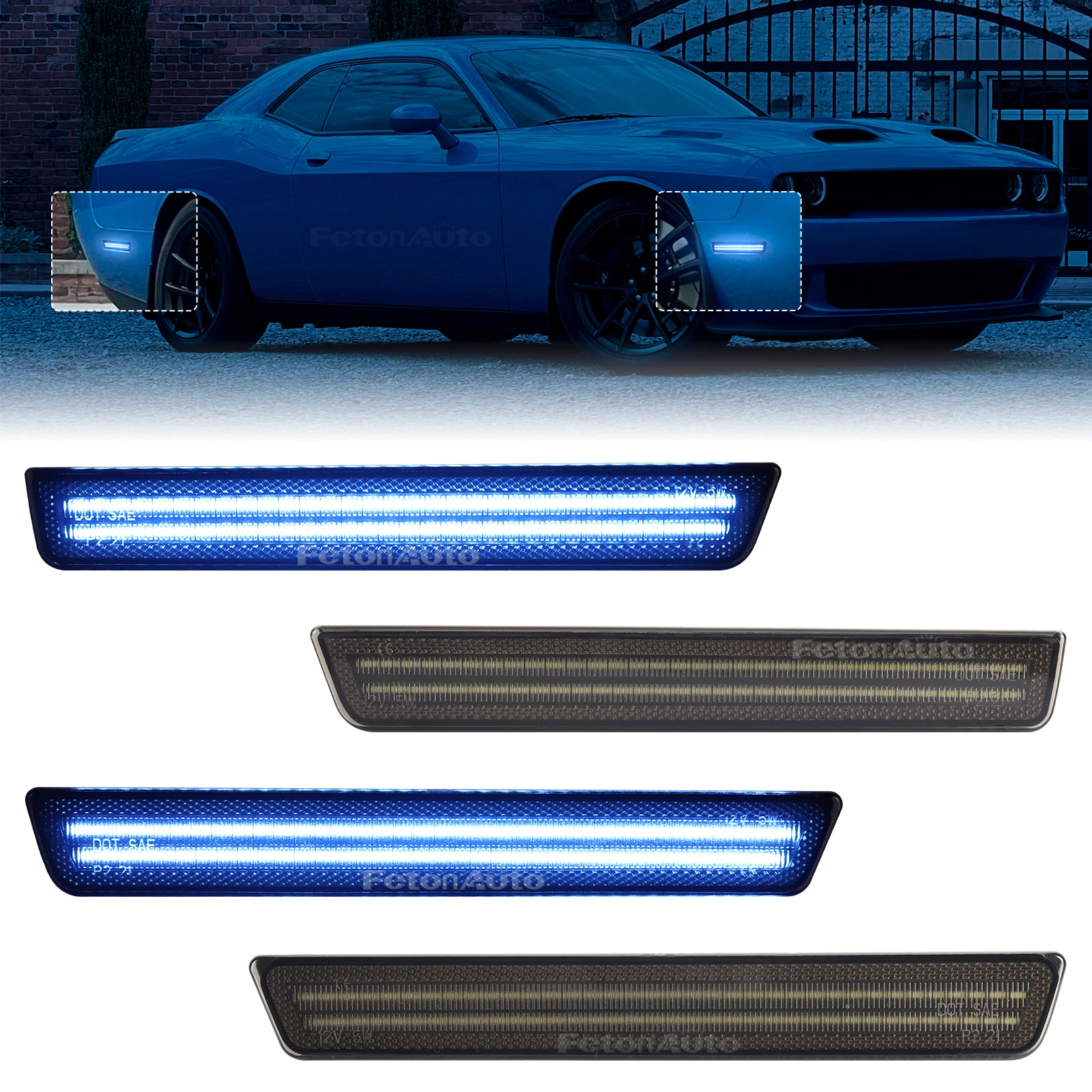 Yellow Red  Green LED Side Marker Light Front and Rear Bumper Turn Signal Light Indicator Light for 2015-2023 Dodge Challenger