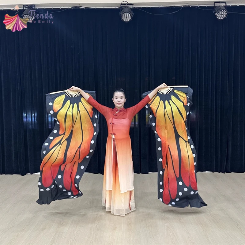 1 Pair Butterfly Wing Dance Fan Polyester Women Belly Dance Flowy 70x180cm Flod Long Fans Digital Print Praise Performance Props