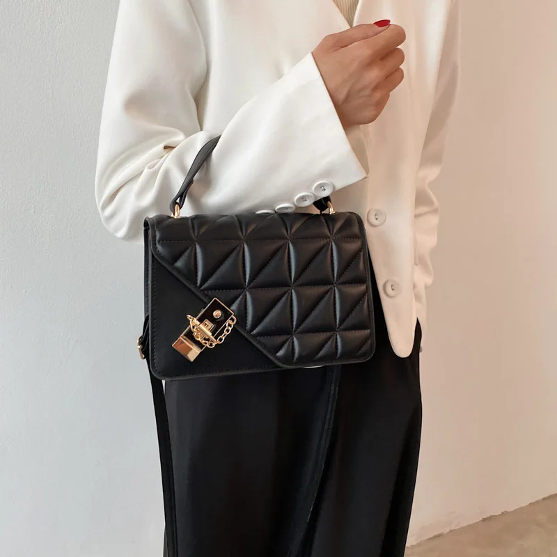 Vintage Quilted Flap Crossbody Bags with Top Handle, Triangle Stitching,Metal Lock Pendant,Chic Small Square Purse for Women's