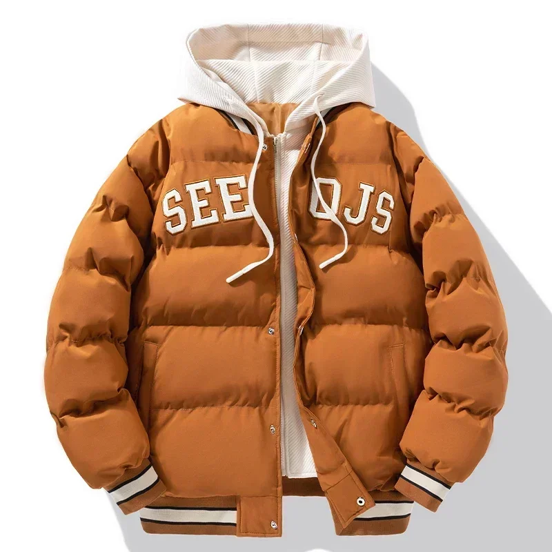 2024 Winter Baseball Jacket Harajuku Fake 2 Pct Design Thick Down Cotton Padded Coat Streetwear Loose Cold-proof Hooded Coat