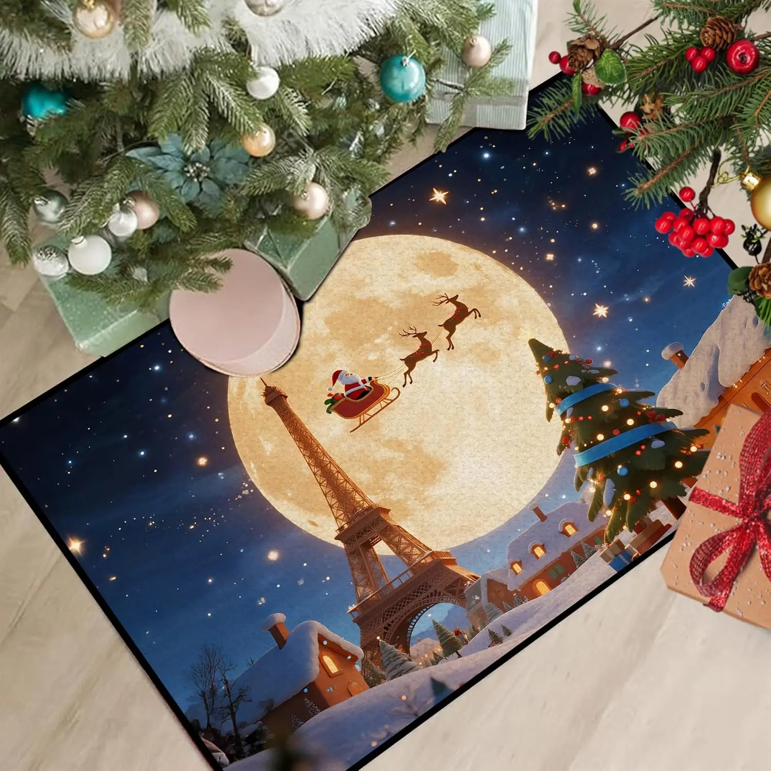 Christmas Rugs for Bedroom, Santa Claus Holiday Decor Area Rugs with Eiffel Tower Xmas Kitchen Rug, Romantic Night Santa Claus