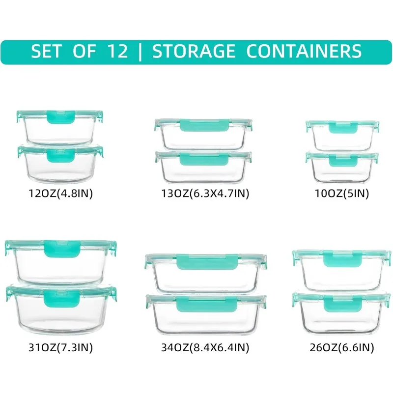 12 Pack Glass Storage Containers with Lids, Leak-Proof Meal Prep Containers, Dishwasher/Microwave/Oven/Freezer Safe Glass Foo