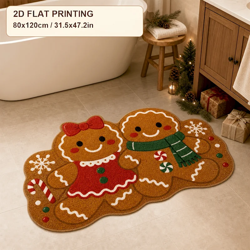 VIKAMA Couple Gingerbread Man Christmas Mat Soft Anti Slip Water Absorbing Carpet Entrance Home Decoration Door Mat