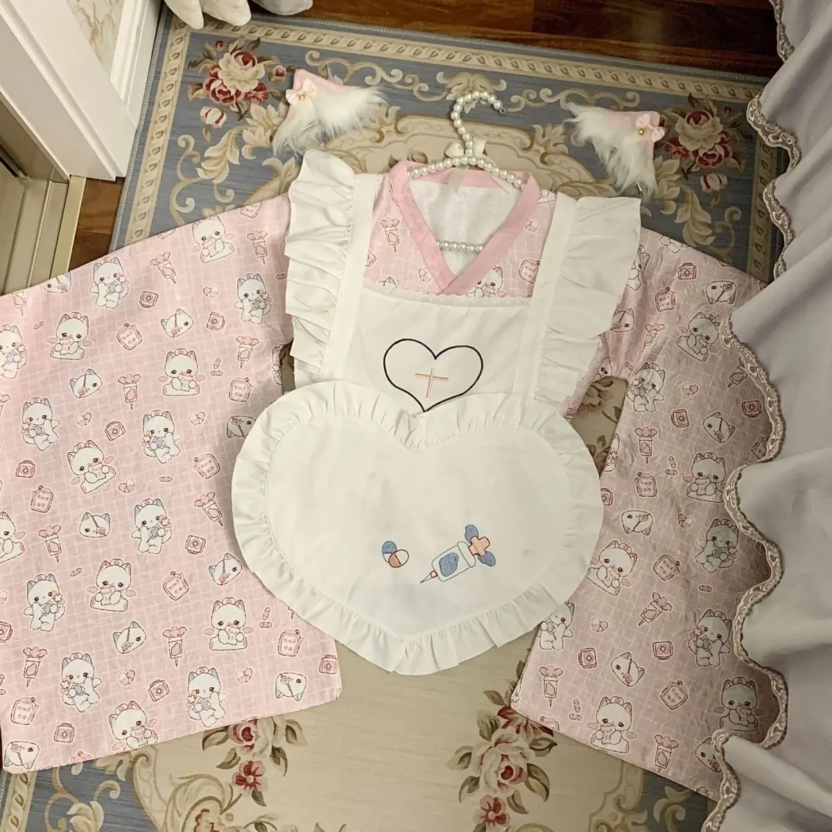 MAGPGP Abbigliamento donna giapponese Set da due pezzi Manica svasata Volant Grembiule Vita alta Abito a trapezio Abiti Stampa carina Abito dolce