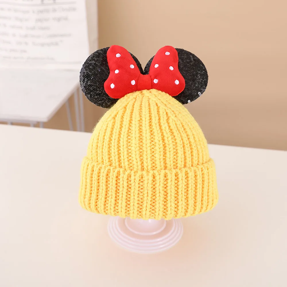 Disney Baby Hats Solid Color Minnie Beanies Girls Winter Warm Hats Cute Bowknot Knitted Caps Kids Beanies Bag Set Children Gifts