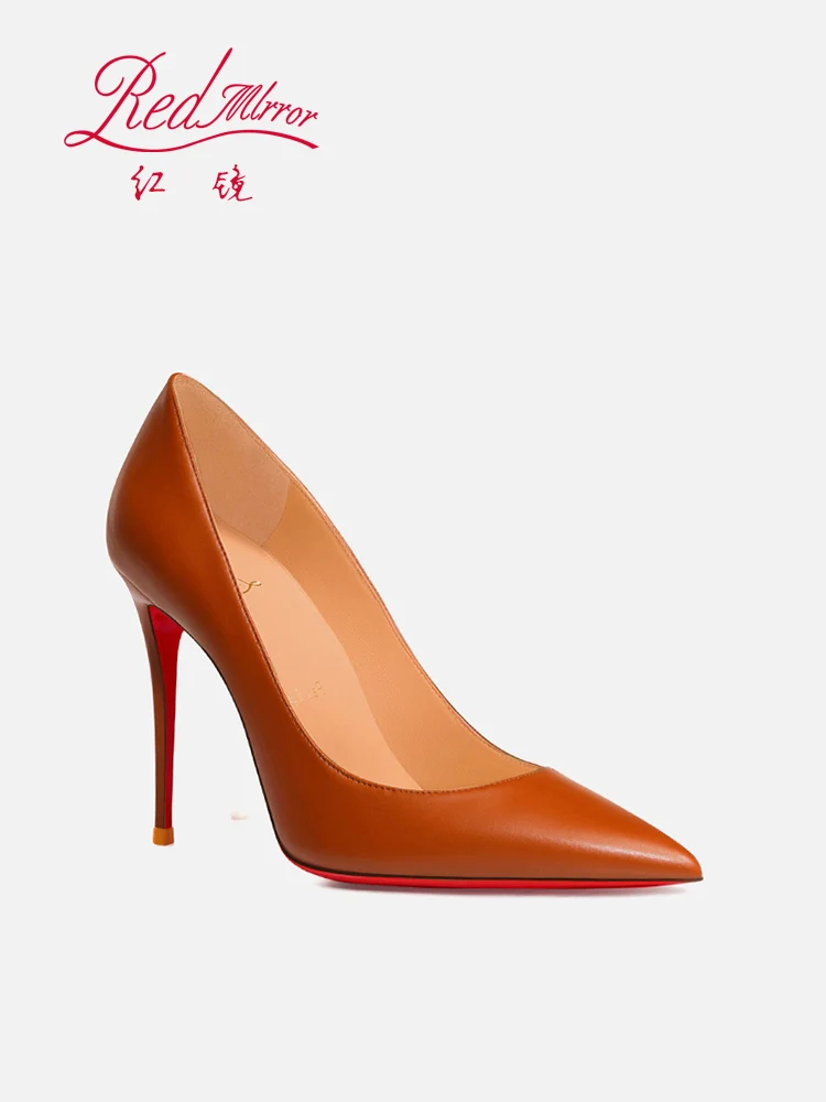 2025 New Red soled High Heels Handmade Women's Shoes Brown Soft Genuine Leather Shallow Mouth Pointed Fine Custom Shoes